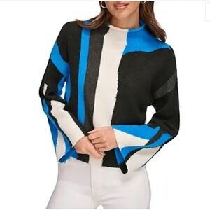 Dkny Mock Neck Color Blocked Sweater Electric Blue Black Cream Size SMALL